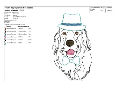 Motif de broderie machine golden retriever au chapeau et noeud appliqué