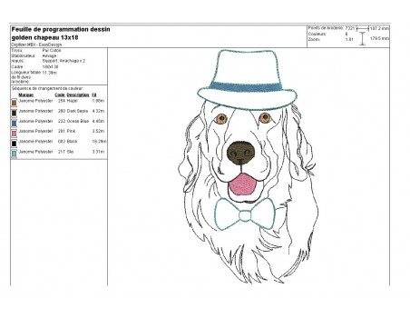 Motif de broderie machine golden retriever au chapeau et noeud appliqué