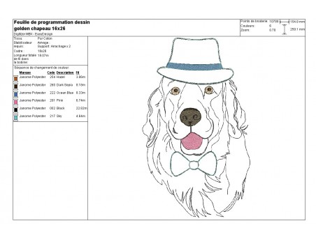 Motif de broderie machine golden retriever au chapeau et noeud appliqué