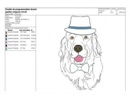 Motif de broderie machine golden retriever au chapeau et noeud appliqué