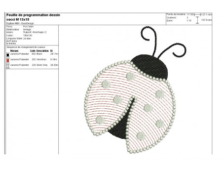 Motif de broderie machine coccinelle mylar