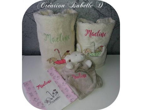 Motif de broderie machine lapins dans un parapluie