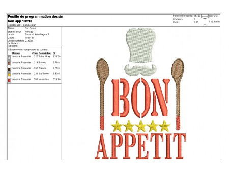 Motif de broderie machine  cuisine bon appétit