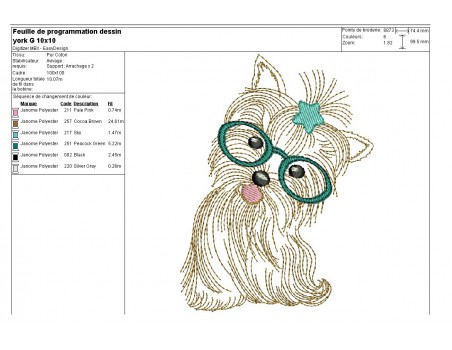 Motif de broderie machine yorkshire à lunettes et étoile