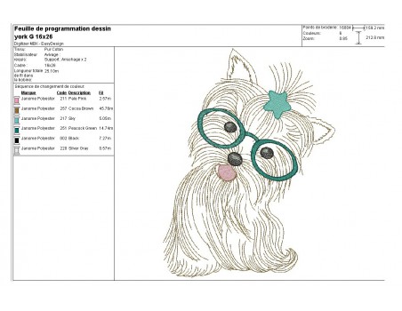 Motif de broderie machine yorkshire à lunettes et étoile