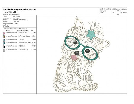 Motif de broderie machine yorkshire à lunettes et étoile