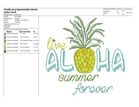 Motif de broderie machine  ananas aloha