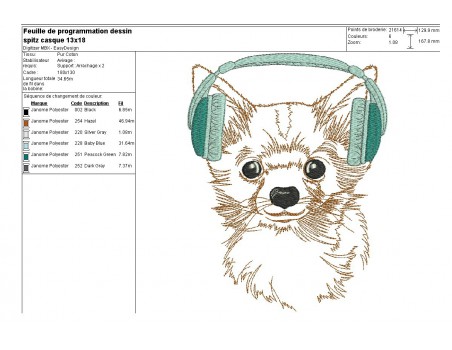 Motif de broderie machine spitz avec son casque