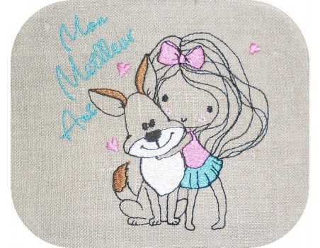 Motif de broderie machine petite fille avec son chien