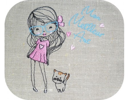 Motif de broderie machine petite fille avec son chat