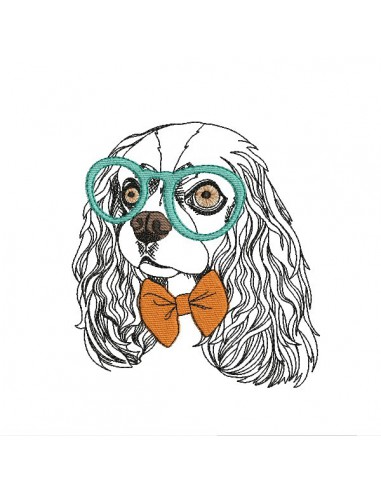 Motif de broderie machine cavalier king charles avec ses lunettes