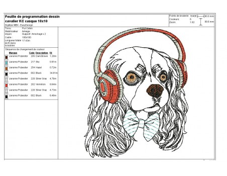 Motif de broderie machine cavalier king charles avec son casque