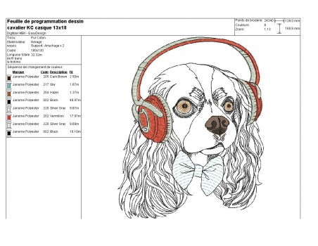 Motif de broderie machine cavalier king charles avec son casque