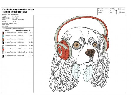 Motif de broderie machine cavalier king charles avec son casque