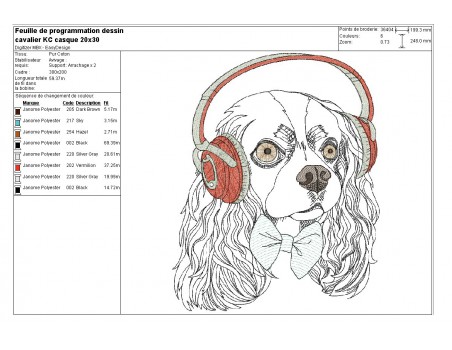 Motif de broderie machine cavalier king charles avec son casque