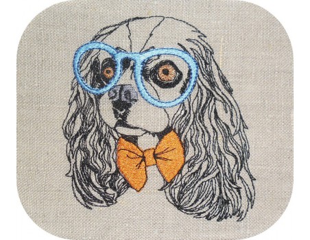 Motif de broderie machine cavalier king charles avec ses lunettes