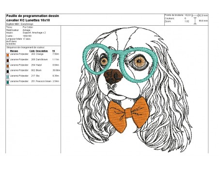 Motif de broderie machine cavalier king charles avec ses lunettes