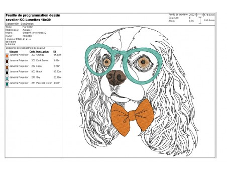 Instant download machine embroidery  dog cavalier king charles with his glasses