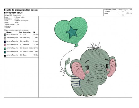 Motif de broderie machine bébé éléphant avec son ballon