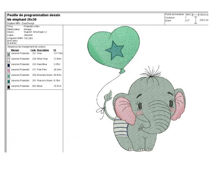 Motif de broderie machine bébé éléphant avec son ballon