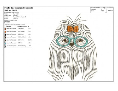 Motif de broderie machine shih tzu avec ses lunettes