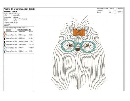 Motif de broderie machine shih tzu avec ses lunettes