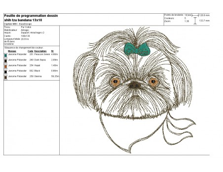 Motif de broderie machine shih tzu avec son bandana appliqué