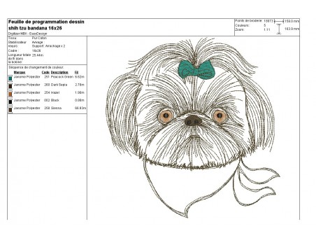 Motif de broderie machine shih tzu avec son bandana appliqué