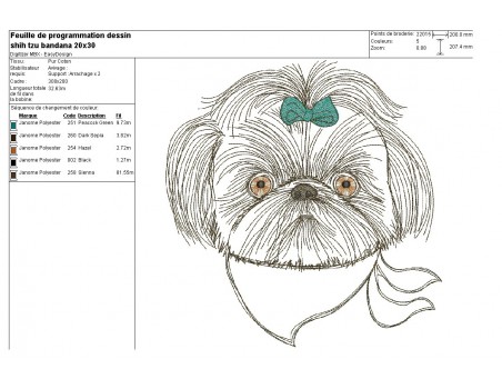 Motif de broderie machine shih tzu avec son bandana appliqué