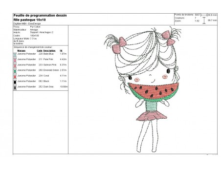 Motif de broderie machine fillette mangeant une pastèque