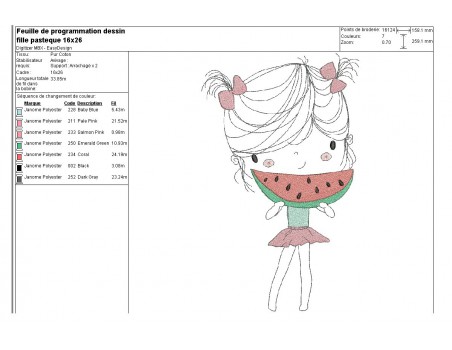 Motif de broderie machine fillette mangeant une pastèque