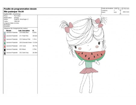 Motif de broderie machine fillette mangeant une pastèque