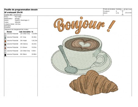 Motif de broderie machine café croissant