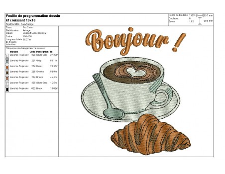 Motif de broderie machine café croissant