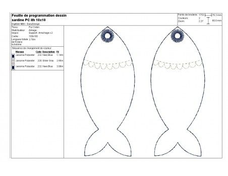 Motif de broderie machine porte clé sardine ITH