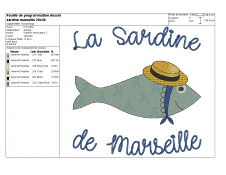 Motif de broderie machine sardine de Marseille