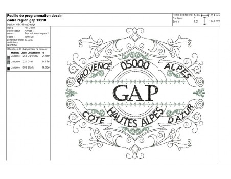 Motif de broderie machine cadre région Provence Alpes côte d'azur Gap