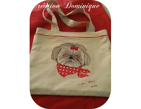 Motif de broderie machine shih tzu avec son bandana appliqué