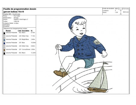 Motif de broderie machine garçon avec son bateau