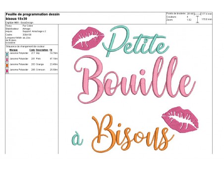 Motif de broderie texte bouille à bisous