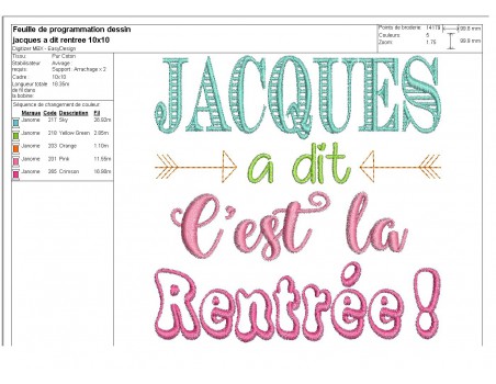 Motif de broderie Jacques c'est la rentrée