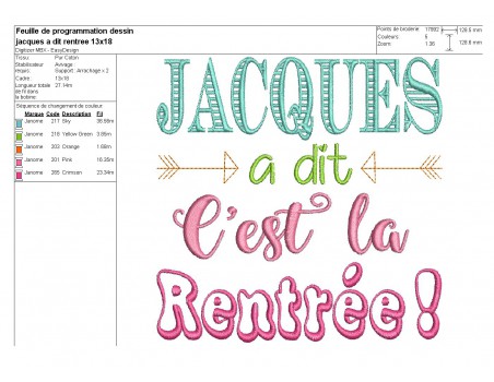 Motif de broderie Jacques c'est la rentrée