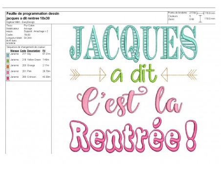 Motif de broderie Jacques c'est la rentrée