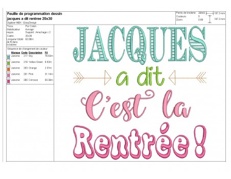 Motif de broderie Jacques c'est la rentrée