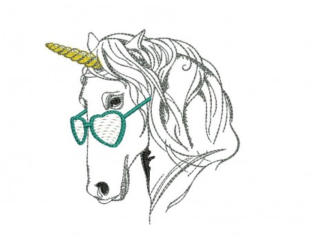 Motif de broderie machine licorne avec ses lunettes en mylar
