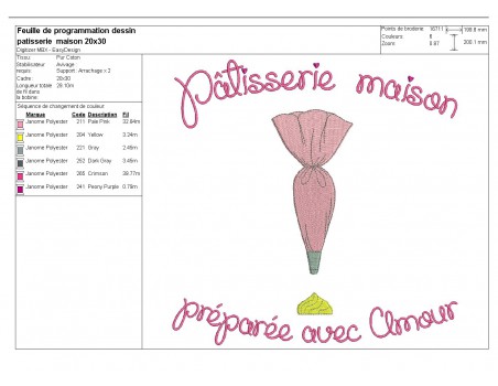 Motif de broderie machine pâtisserie maison poche à douille