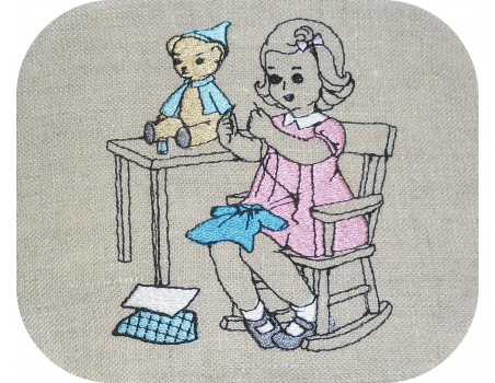 Motif de broderie machine fillette avec son ours