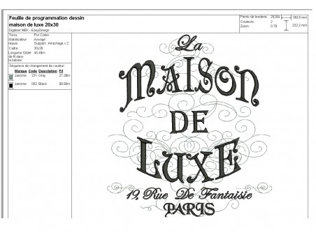 Motif de broderie machine Maison de luxe de Paris