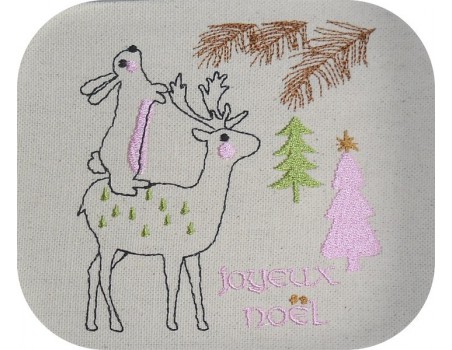 Motif de broderie machine renne de noël avec un lapin