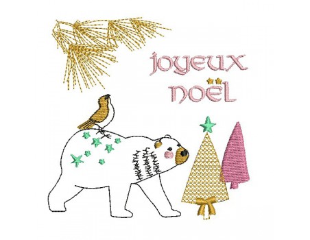 Motif de broderie machine ours de noël avec un oiseau